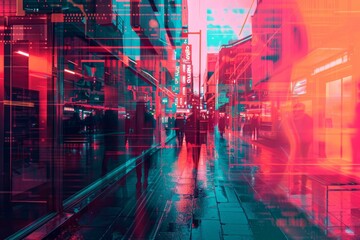 Poster - Artistic depiction of a bustling city street, enhanced with intense neon and cyberpunk aesthetics