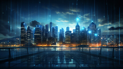 Wall Mural - The image shows a futuristic city with skyscrapers and a highway with light trails.

