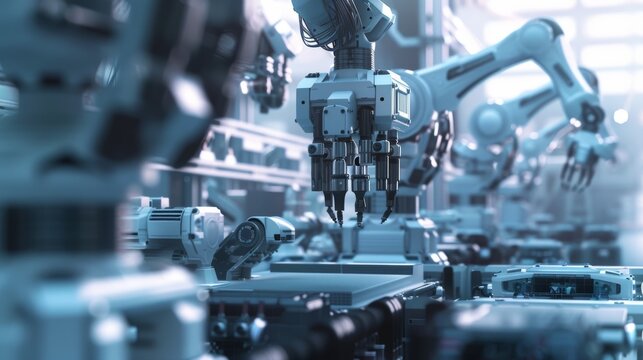 High-tech manufacturing facility with robotic arms working on an assembly line.