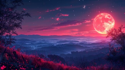 Poster - Enchanted night landscape with crimson moon