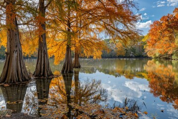 Wall Mural - Stunning view of golden cypress trees reflecting on tranquil pond waters in fall