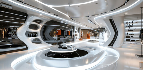 Wall Mural - A futuristic store with white walls and black details. Mannequins displayed futuristic