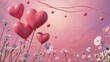 © Jérôme  - Pink heart-shaped balloons floating above a field of white daisies against a soft pink sky backdrop.