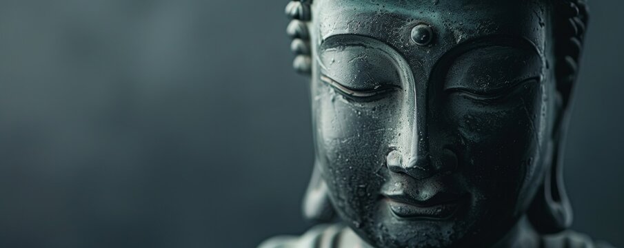 Close-up of a serene buddha statue with a peaceful expression and a dark background