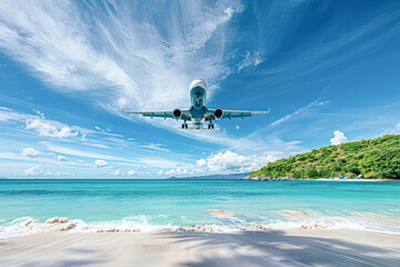 Wall Mural - Wide-angle view of a plane descending above a vibrant beach