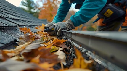 A professional gutter cleaning service removes leaves from a roof gutter.