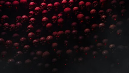 Wall Mural - field of blackened skulls with red lighting 4k loop features an a.i. generated video of a pile of bl