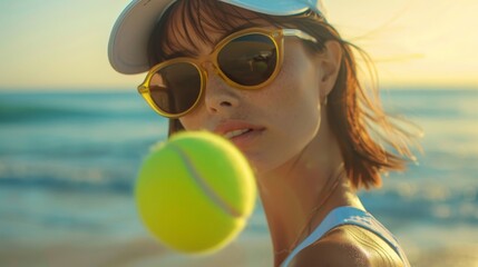 Wall Mural - Woman in summer tennis clothes plays on beach, ocean and clear sky. Female player hits yellow ball on sunny beach tennis court.
