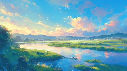 Wall Mural - Imagine a serene river landscape at daybreak captured in a picturesque painting the tranquil waters reflecting the early morning sun the sky ablaze with vibrant hues and majestic mountains 