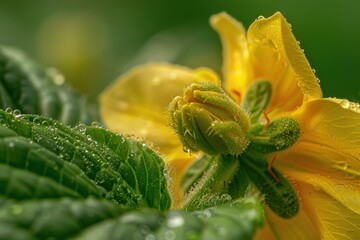 Poster - Closeup of morning dew on the petals and leaves of a vibrant yellow flower