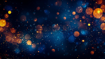 Poster - Abstract background with bokeh lights and glowing lines, in the style of golden orange and blue colors. Abstract digital illustration of blurred light rays and glow particles on a dark backdrop.
