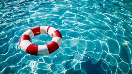 red and white lifebuoy floating on blue water in swimming pool background, summer concept for first aid protection or medical help and safety