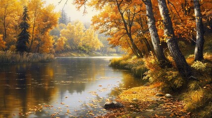 Sticker - Tranquil river with banks adorned in yellow leaves trees leaning towards the water displaying autumn hues and a peaceful pond