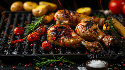 Wall Mural - Grilled chicken legs on the flaming grill with grilled vegetables with tomatoes, potatoes, pepper seeds, salt.