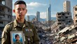© Anastasiia - A solemn soldier stands in a devastated urban landscape, holding a framed photo of a young boy. The image captures the haunting aftermath of destruction, juxtaposing personal loss with widespread ruin