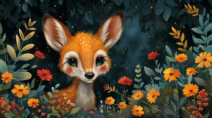 Wall Mural - Vibrant digital art of a cute fox surrounded by colorful forest flora