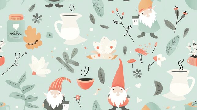 Soft pastel-colored seamless pattern with gnomes enjoying coffee among leaves, showcasing a harmonious and whimsical design