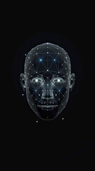 Poster - Detailed digital face with network lines on a black background. Showcases sophistication of facial recognition and biometric technology.