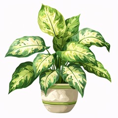 PNG illustration of a broad-leafed dieffenbachia with variegated green and white leaves in a decorative pot on a white background