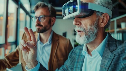 Poster - Two individuals are inside a room, wearing virtual glasses and interacting with digital content.