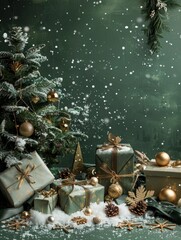 Wall Mural - Green toned Christmas & New Year background with beautiful decorations, gift boxes, toys, snow, confetti, Christmas tree and blank space for text