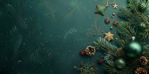 Wall Mural - Green toned Christmas & New Year banner with beautiful decorations, Christmas tree and blank space for text, magical atmosphere