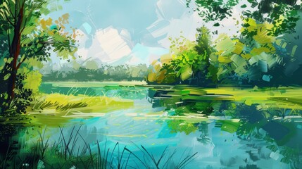 Wall Mural - Vibrant digital artwork depicting a peaceful natural landscape with lush foliage