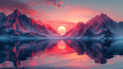 Wall Mural - Majestic sunset reflection over mountainous lake