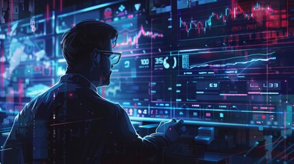 Poster - A man with glasses is focused on a computer screen in an office setting.