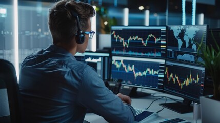 Poster - A man seated in front of a computer, wearing headphones and engaged in work or study.