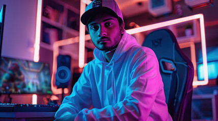 young indian man sitting on gaming chair at game computer club