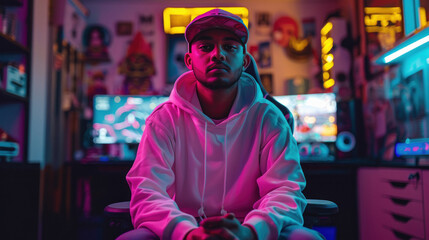 young indian man sitting on gaming chair at game computer club