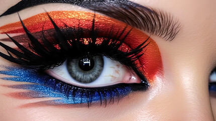 Wall Mural - A woman's eye is painted with orange and blue eyeshadow.