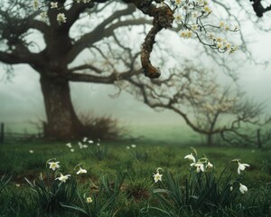 Wall Mural - a misty morning with big tree and daffodil blooming on the ground