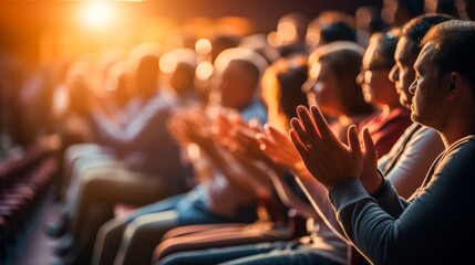 Audience clapping in theater, enjoying lively performance. People in a row, appreciating live event with enthusiasm and engagement.