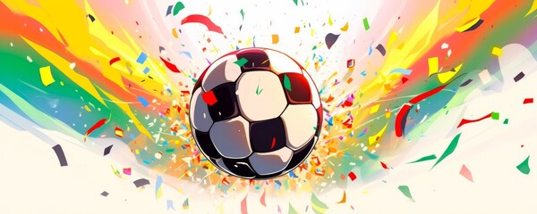 Soccer ball in the center of an explosion of confetti, sense of celebration and excitement in sports