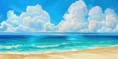 painting of a sea beach with turquoise water and white clouds