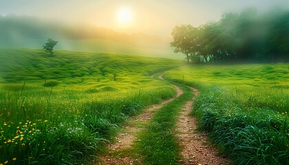 Wall Mural - Beautiful morning image of a scenic winding path through a field of green grass. Tranquil nature scene, idyllic countryside view. Serene landscape, lush meadow vista, peaceful rural ambiance.