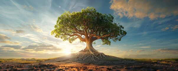 A tree with strong roots and branches reaching towards the sky, symbolizing the potential of youth.