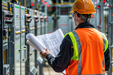 Wall Mural - Engineer with hard hat and safety vest studying blueprints in an industrial facility.