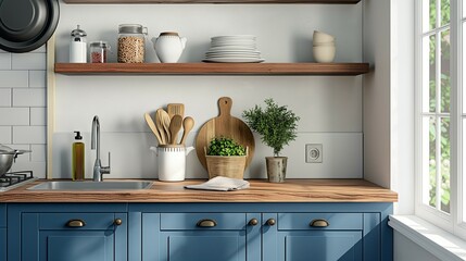 Wall Mural - Blue cabinet kitchen interior with kitchen utensils