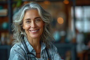 portrait of a middle-aged woman with grey  hair. naturally greying, individuality, social statement concept