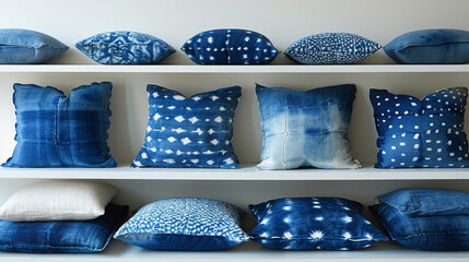 Wall Mural - Shibori-dyed cushions in serene indigo hues.