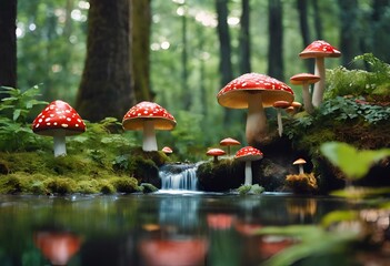 AI generated illustration of a babbling brook with tiny red mushrooms sprouting from a rocky surface