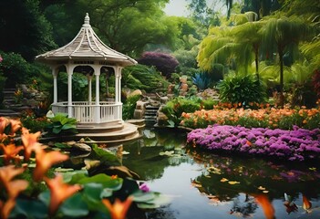 Poster - AI generated illustration of a gazebo on tranquil pond with surrounding trees