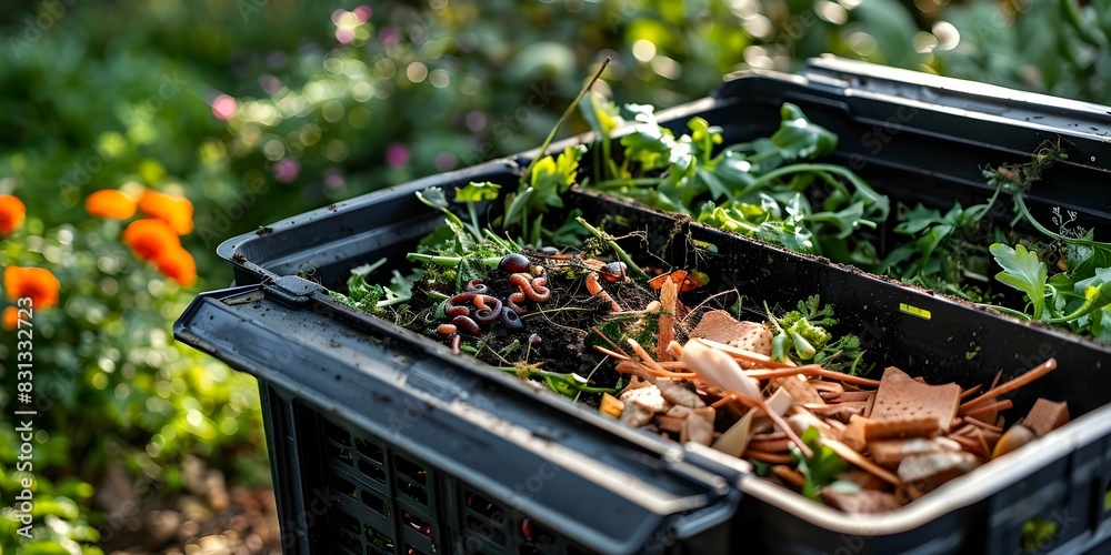 Open Compost Pretty Open compost bin with food scraps and earthworms in a garden. Concept ...