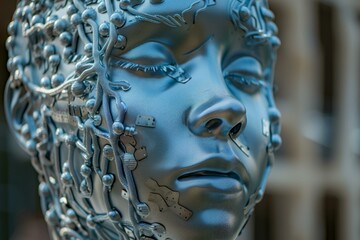 Intricate metal sculpture capturing a human face with technology elements, in detailed closeup