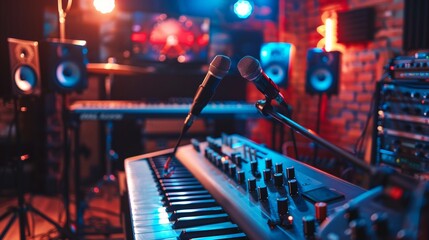 Aufkleber - A professional recording studio setting featuring a keyboard and microphone setup for music production and audio recording. Generative AI
