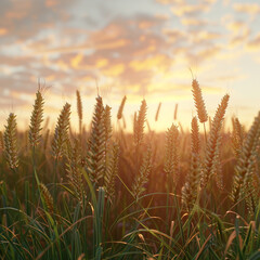 Poster - AI generated illustration of a sunrise over a wheat field at dawn