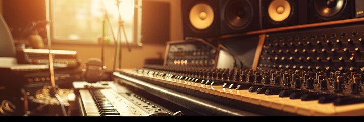 Aufkleber - A recording studio bustling with activity as sound engineers play with a plethora of high-tech sound equipment, creating the perfect blend of music. Generative AI